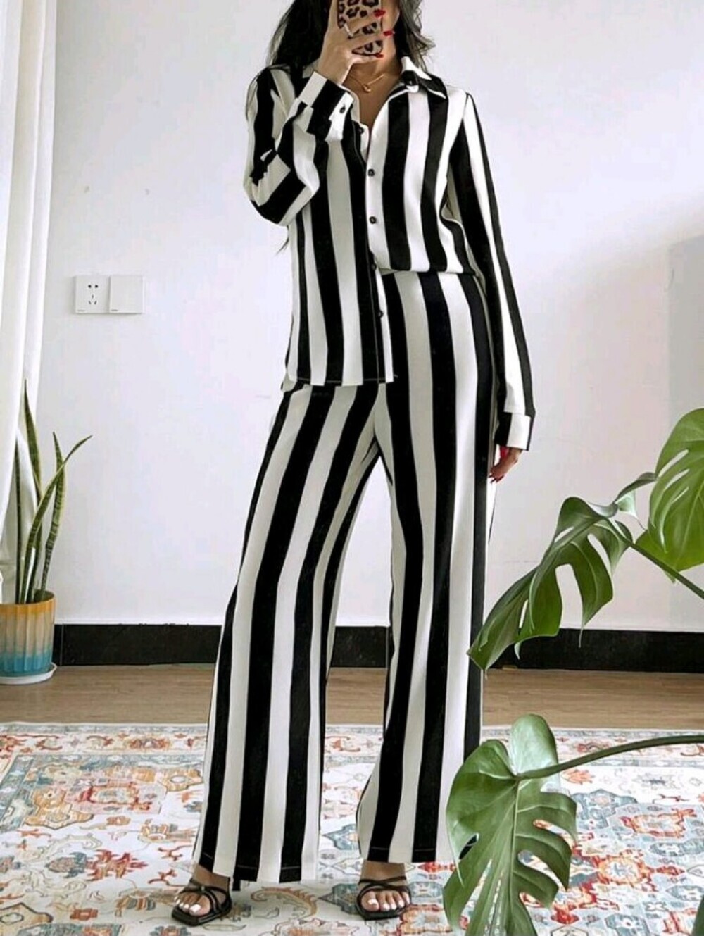 Women's French Elegant Casual, Black & White Long 2 Striped Long Pieces Set - Picture 3 of 6